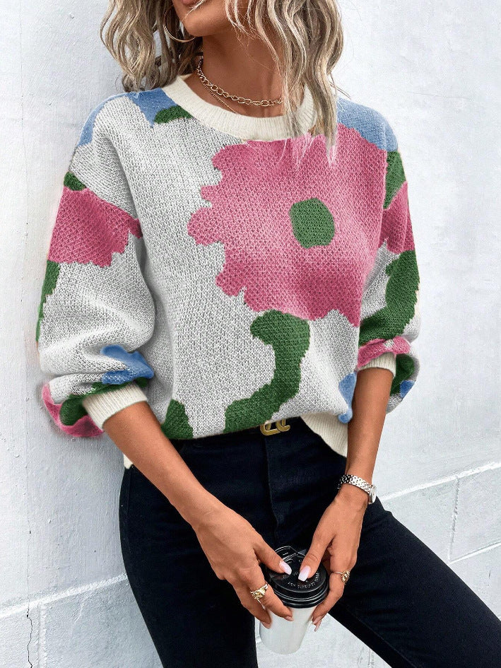 Women's Floral Print Pullover Sweater with Relaxed Fit 2