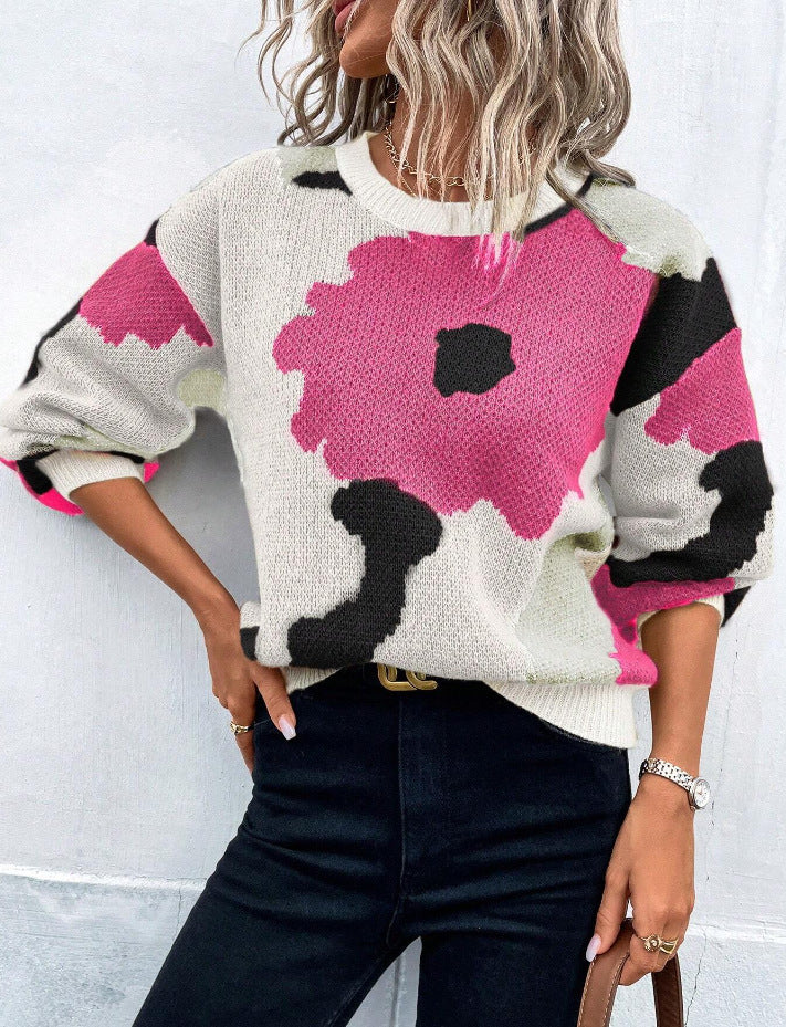 Women's Floral Print Pullover Sweater with Relaxed Fit 3