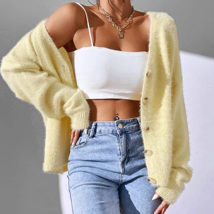 Women’s Fuzzy Knit Button-Up Cardigan with Relaxed Fit 0