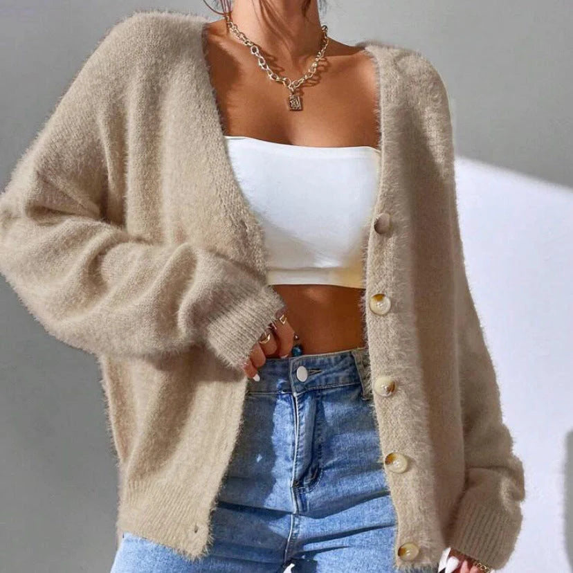Women’s Fuzzy Knit Button-Up Cardigan with Relaxed Fit 1