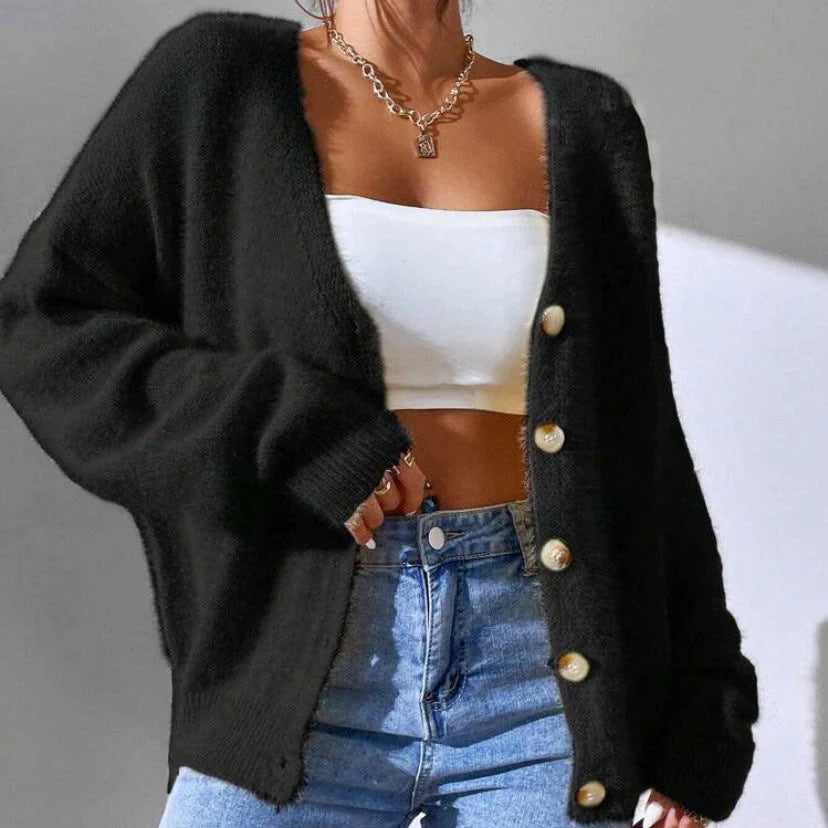 Women’s Fuzzy Knit Button-Up Cardigan with Relaxed Fit 2