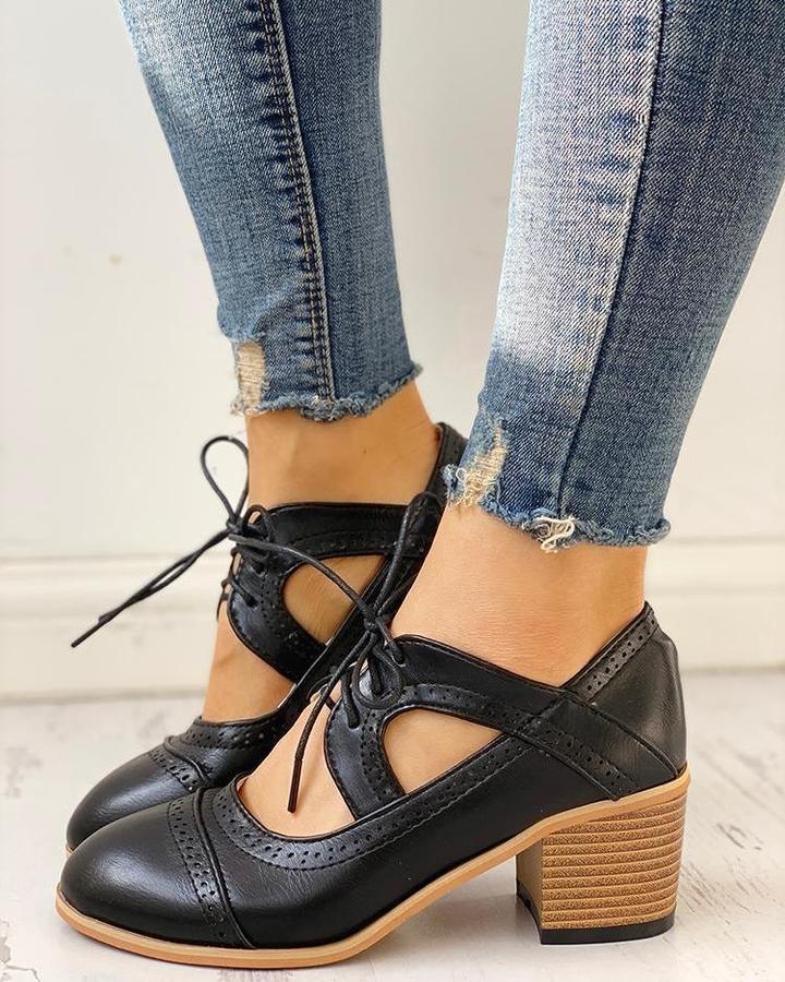 Women’s Heeled Lace-Up T-Strap Shoes with Moderate Heel 0