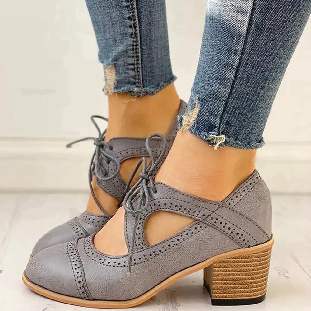 Women’s Heeled Lace-Up T-Strap Shoes with Moderate Heel 1