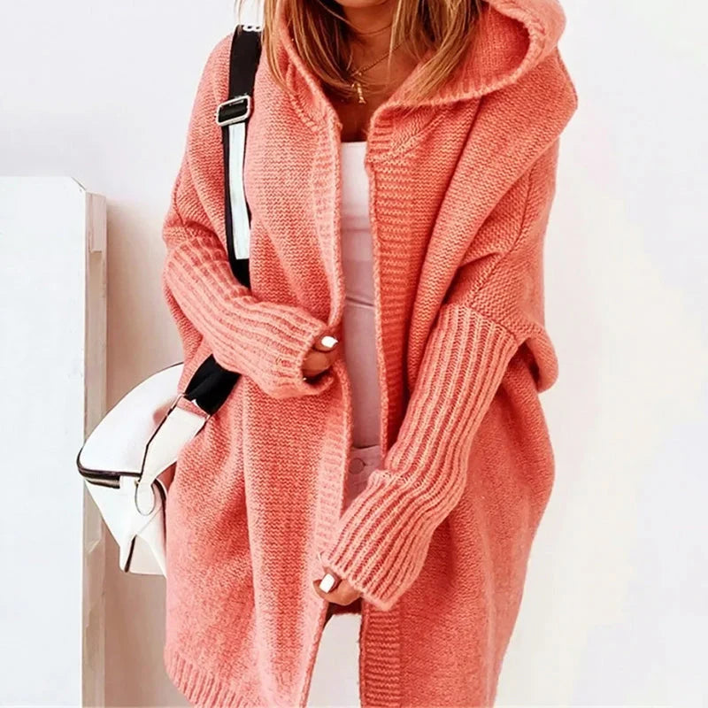Women's Hooded Knit Cardigan with Relaxed Fit and Extended Length 1