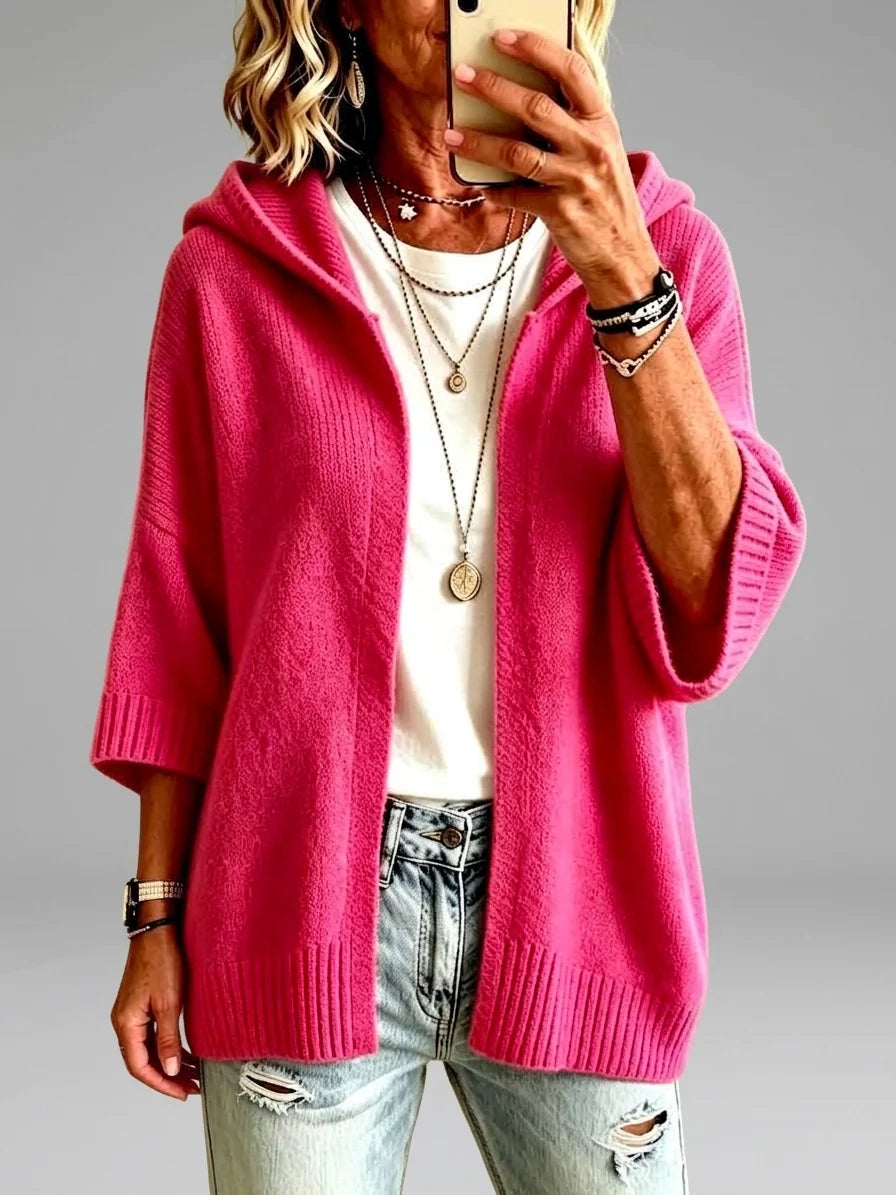 Women's Hooded Open-Front Knit Cardigan Sweater with Relaxed Fit 0