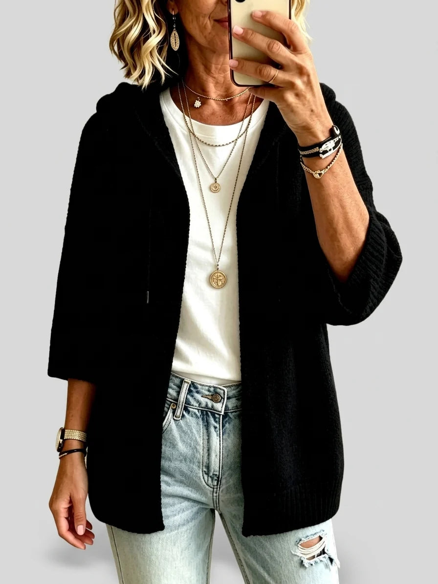 Women's Hooded Open-Front Knit Cardigan Sweater with Relaxed Fit 2