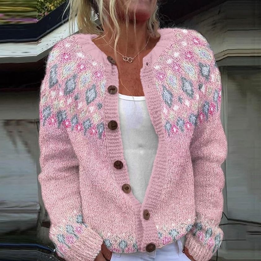 Women's Jacquard Knit Cardigan Sweater with Button Front Closure 0