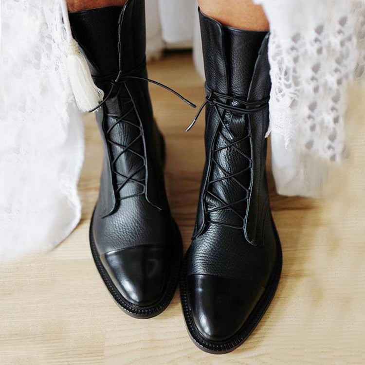 Women’s Lace-Up Leather Ankle Boots with Sturdy Sole 0