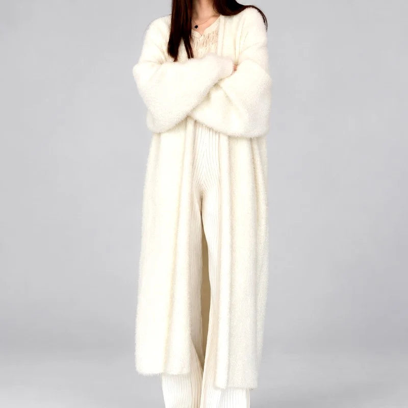 Women's Longline Fuzzy Knit Open-Front Cardigan 1