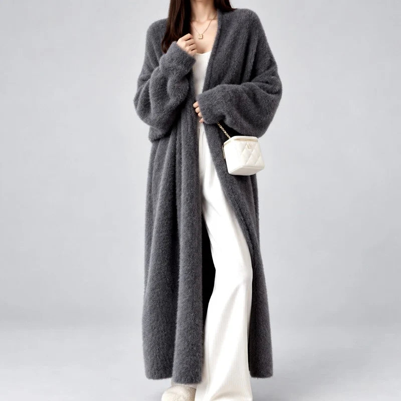 Women's Longline Fuzzy Knit Open-Front Cardigan 2