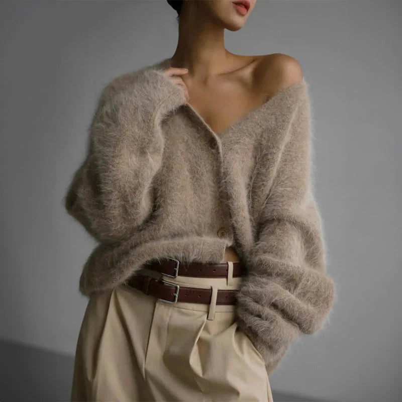 Women's Oversized Fuzzy V-Neck Cardigan with Chunky Buttons 0