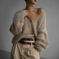 Women's Oversized Fuzzy V-Neck Cardigan with Chunky Buttons 0