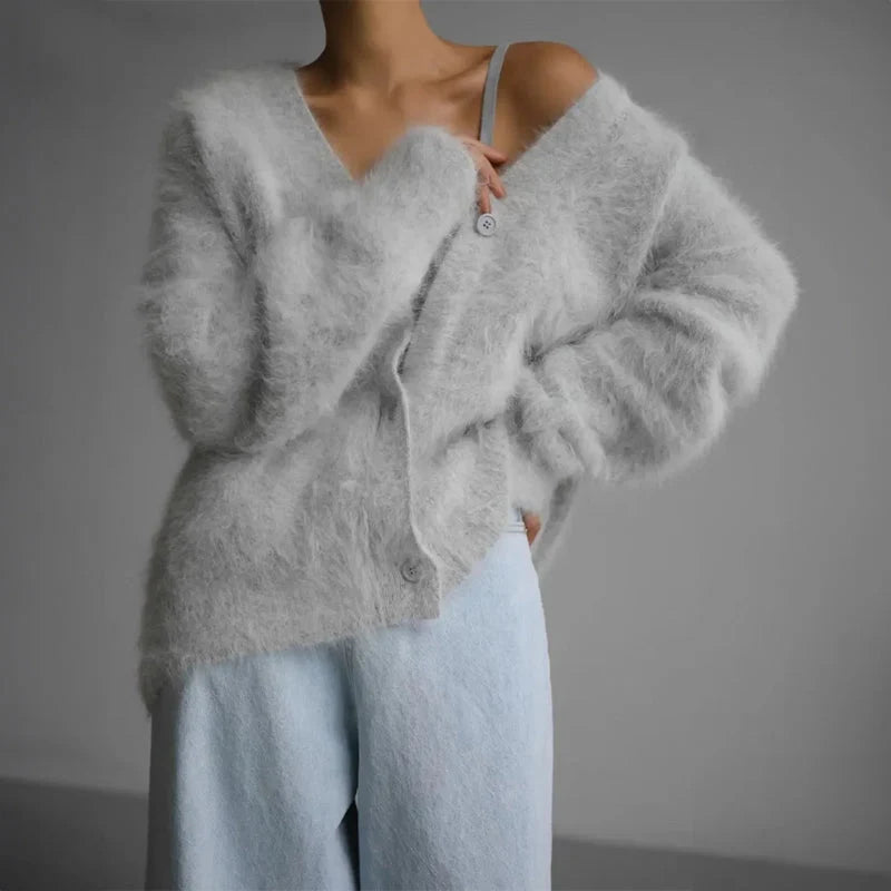 Women's Oversized Fuzzy V-Neck Cardigan with Chunky Buttons 1