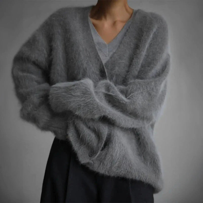 Women's Oversized Fuzzy V-Neck Cardigan with Chunky Buttons 2