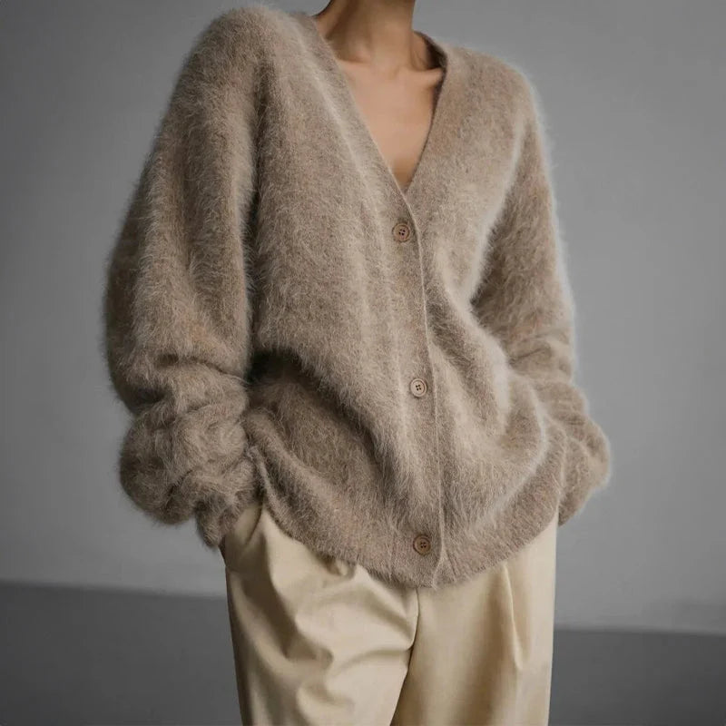 Women's Oversized Fuzzy V-Neck Cardigan with Chunky Buttons 3