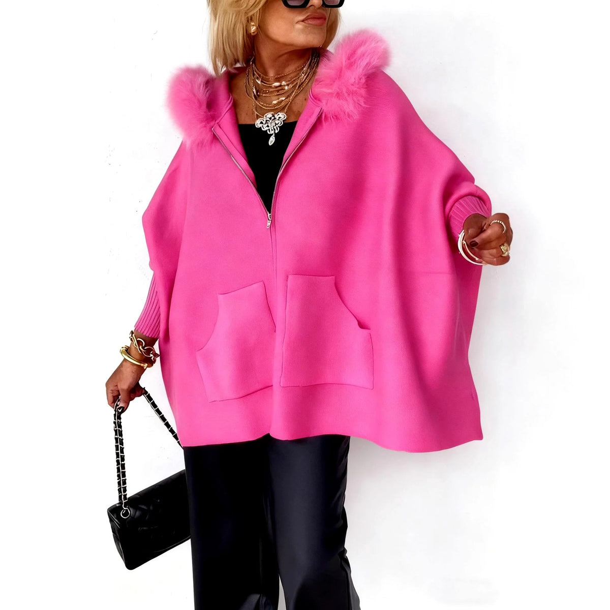 Women's Oversized Knit Cardigan with Faux Fur Collar and Zip Front 0