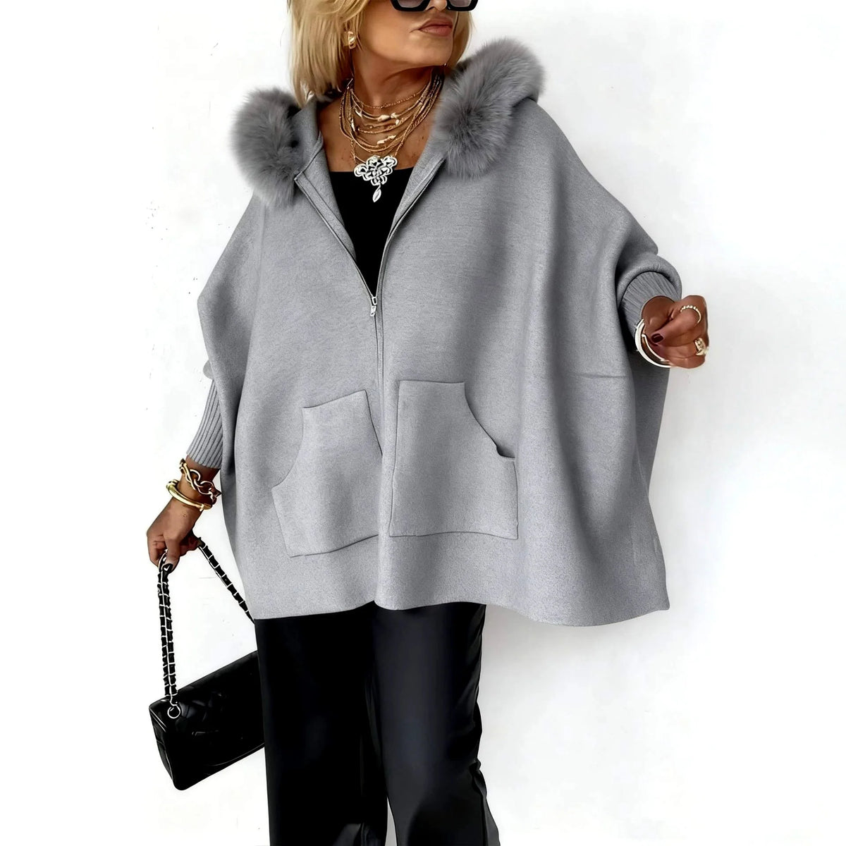 Women's Oversized Knit Cardigan with Faux Fur Collar and Zip Front 1