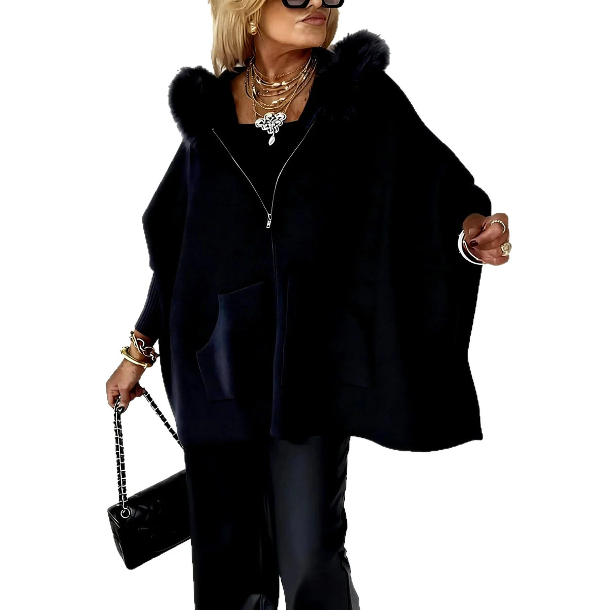 Women's Oversized Knit Cardigan with Faux Fur Collar and Zip Front 2