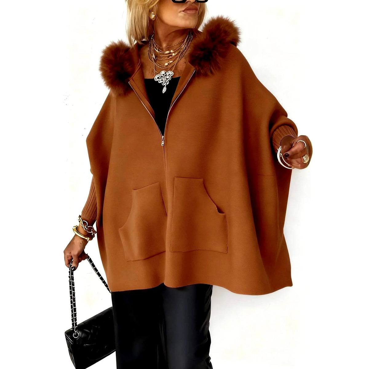 Women's Oversized Knit Cardigan with Faux Fur Collar and Zip Front 3