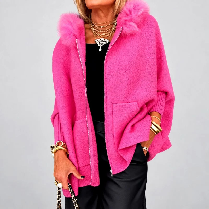 Women's Oversized Knit Cardigan with Faux Fur Collar and Zip Front 5