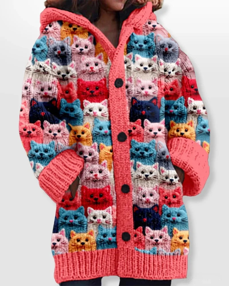 Women's Oversized Knit Cardigan with Multicolor Cat Pattern 0