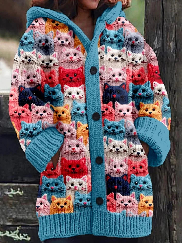 Women's Oversized Knit Cardigan with Multicolor Cat Pattern 1