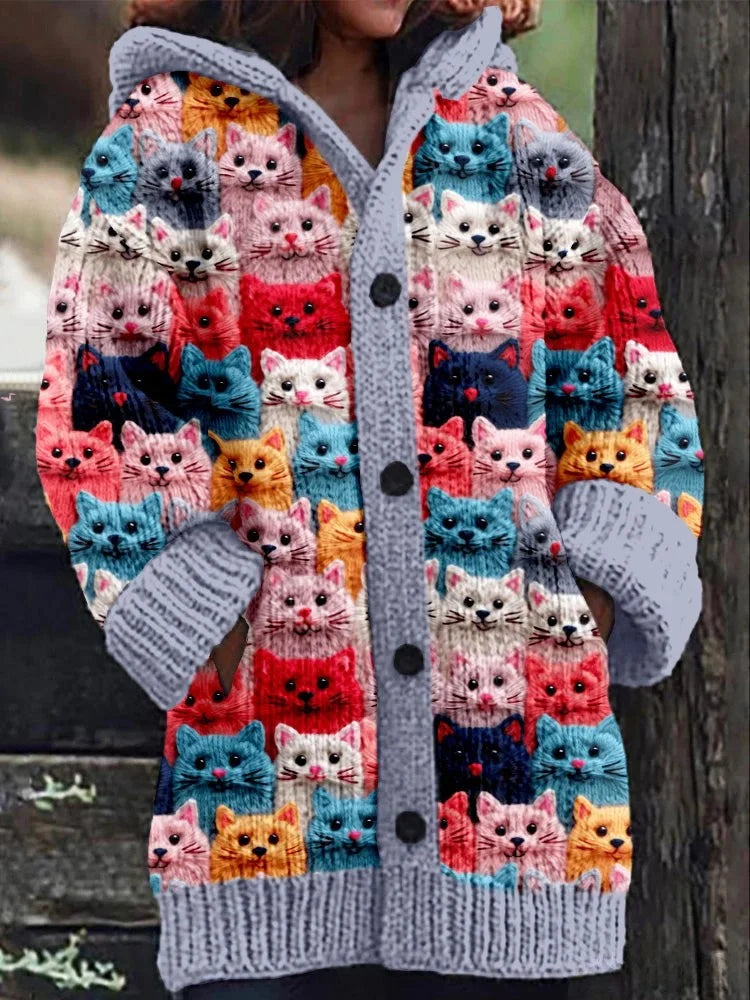 Women's Oversized Knit Cardigan with Multicolor Cat Pattern 2