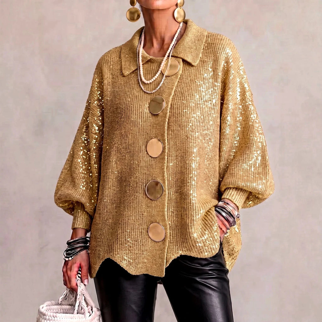 Women's Oversized Sequin Collared Cardigan with Statement Buttons 0