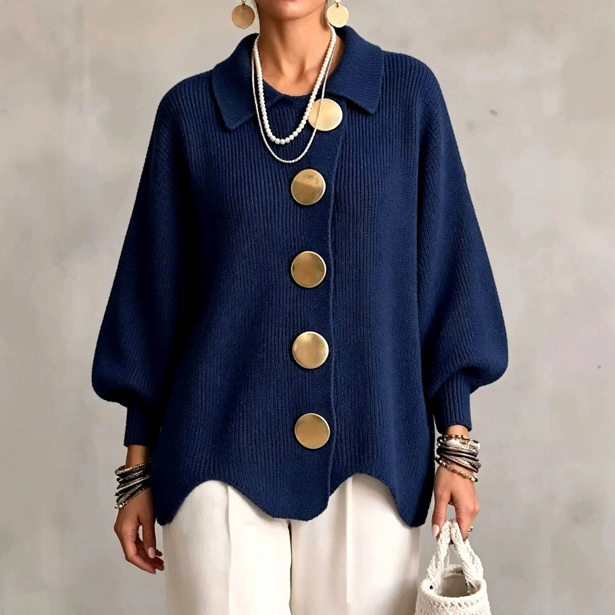 Women's Oversized Sequin Collared Cardigan with Statement Buttons 1