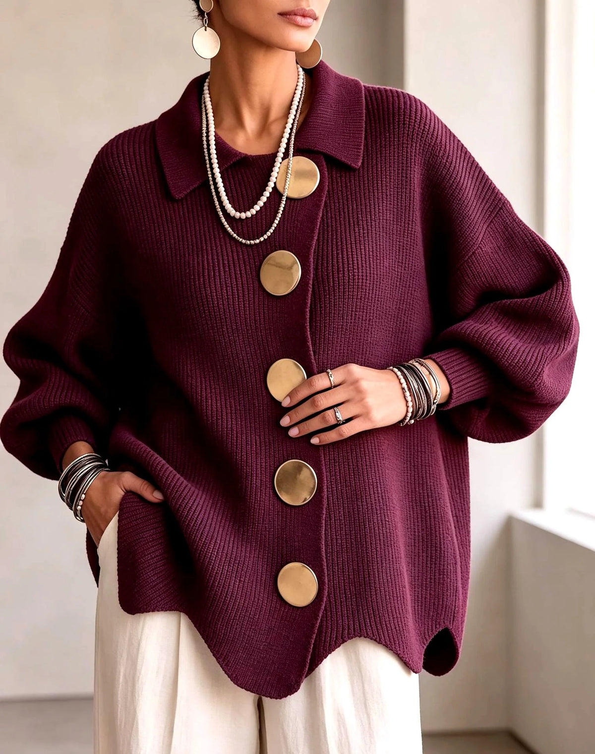 Women's Oversized Sequin Collared Cardigan with Statement Buttons 2