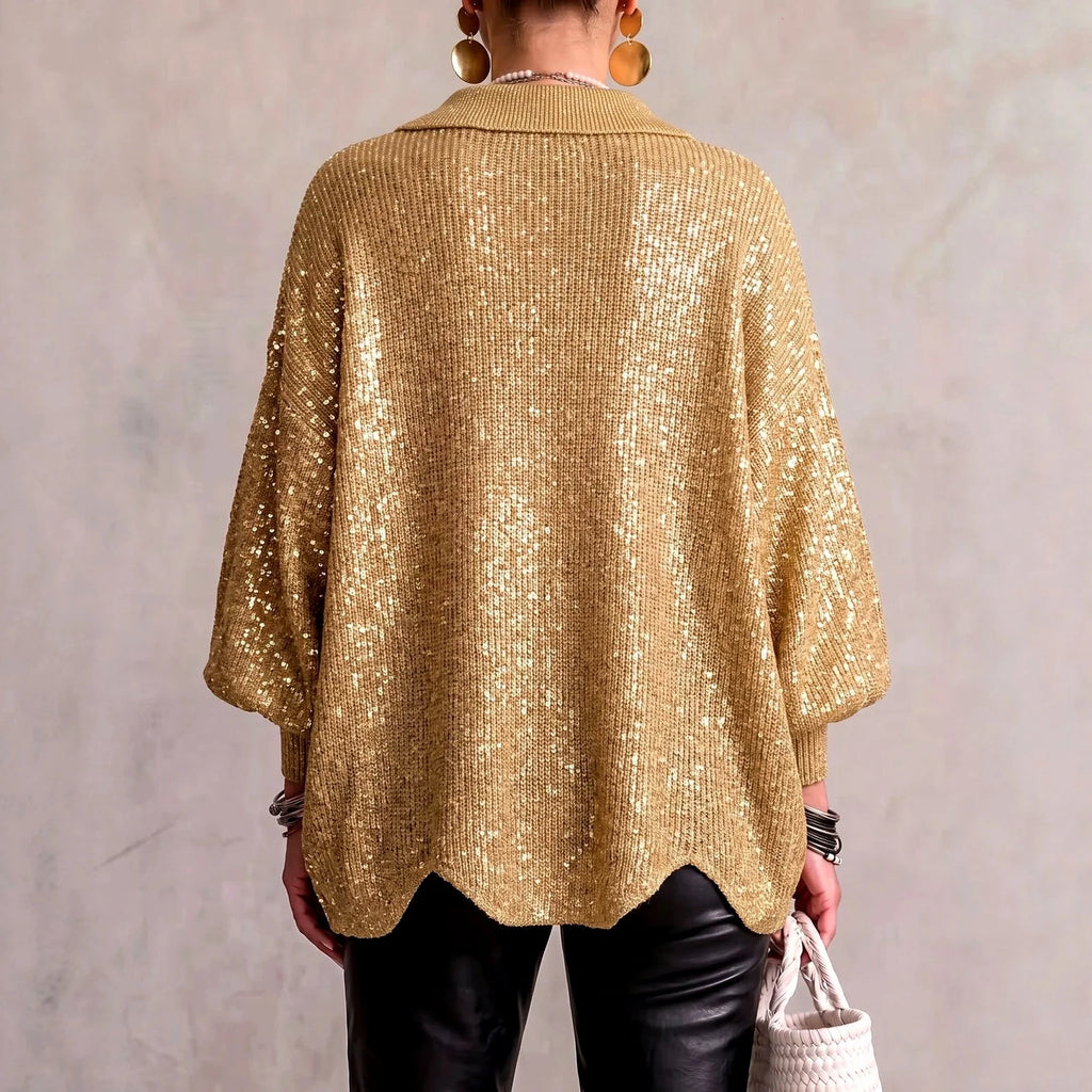 Women's Oversized Sequin Collared Cardigan with Statement Buttons 3