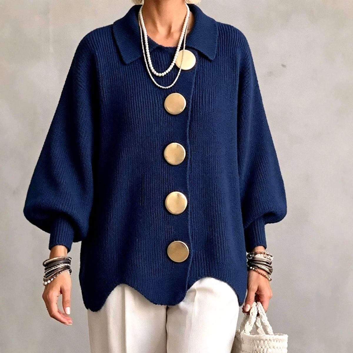 Women's Oversized Sequin Collared Cardigan with Statement Buttons 4