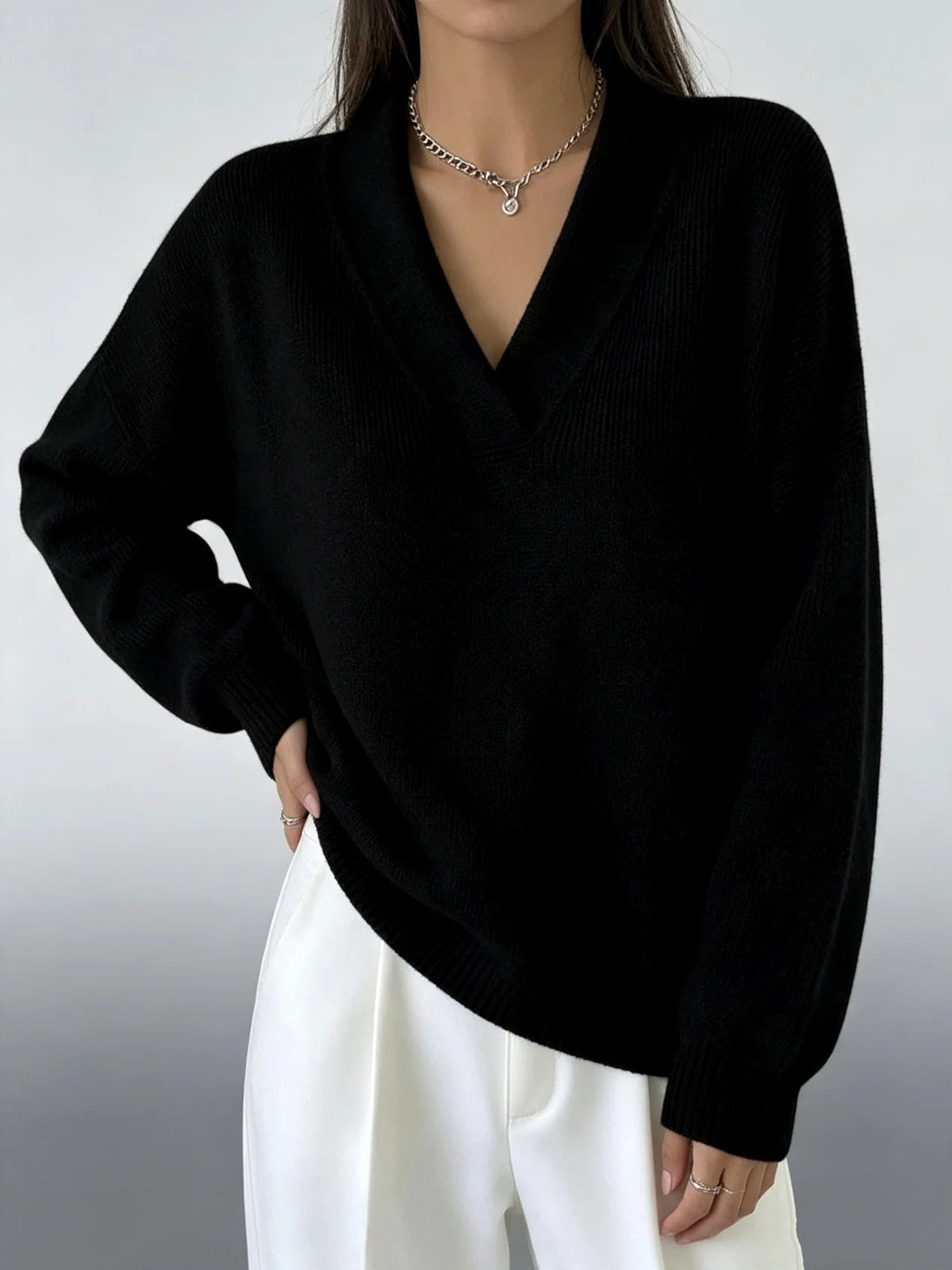 Women's Oversized Shawl Collar V-Neck Sweater for Relaxed Comfort 3