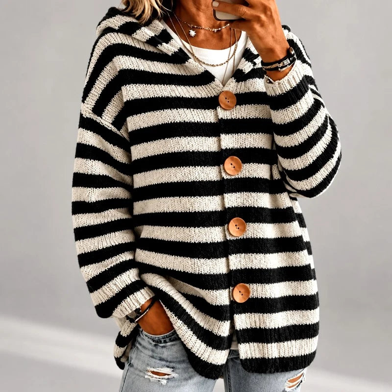 Women's Oversized Striped Hooded Cardigan Sweater with Button Front 0
