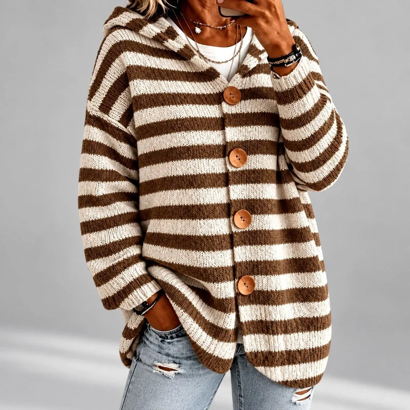 Women's Oversized Striped Hooded Cardigan Sweater with Button Front 1