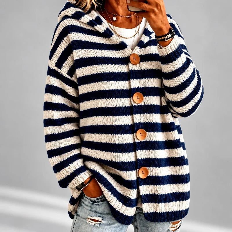 Women's Oversized Striped Hooded Cardigan Sweater with Button Front 2