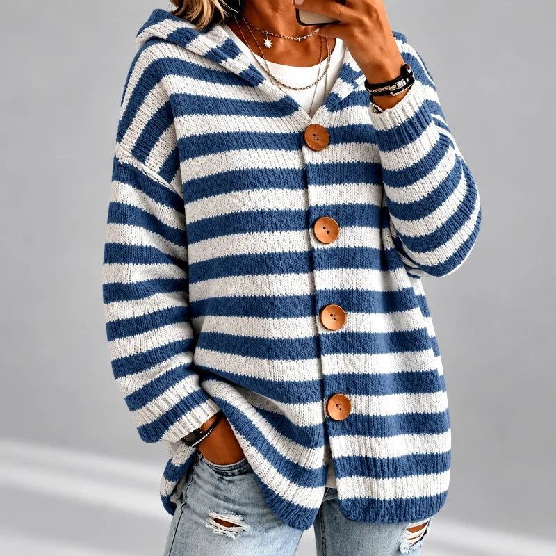 Women's Oversized Striped Hooded Cardigan Sweater with Button Front 3