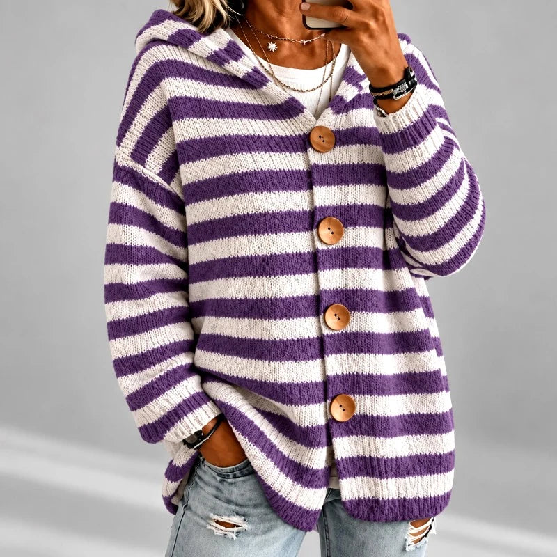 Women's Oversized Striped Hooded Cardigan Sweater with Button Front 4