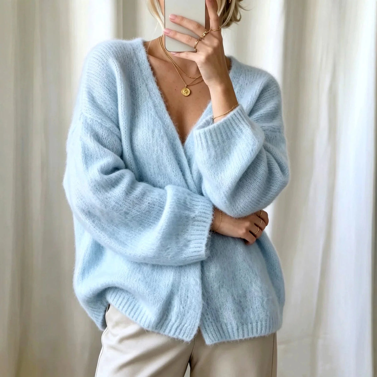 Women's Oversized V-Neck Fuzzy Knit Cardigan for Cozy Layering 1