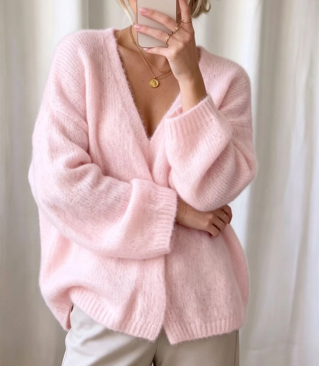 Women's Oversized V-Neck Fuzzy Knit Cardigan for Cozy Layering 4