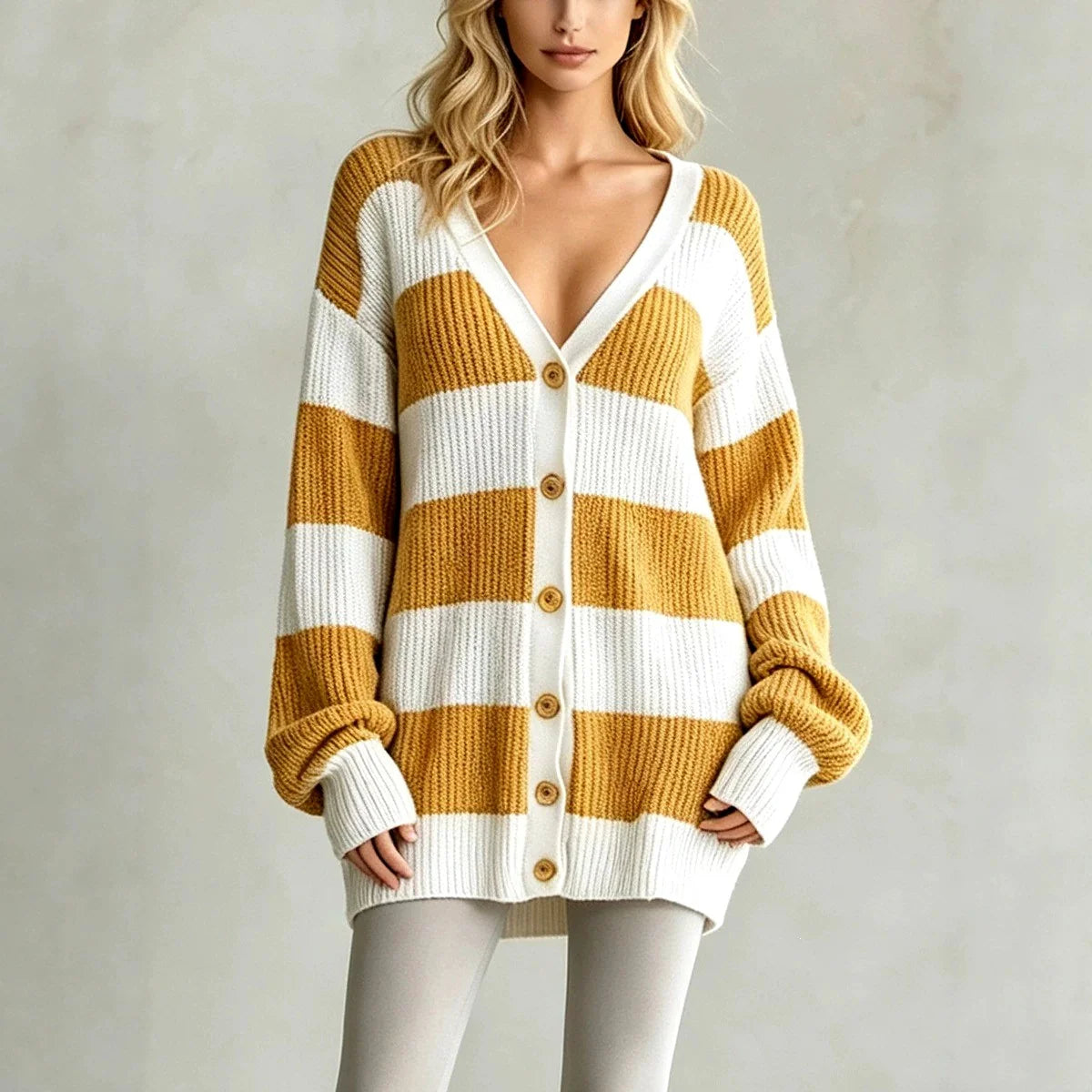 Women's Oversized V-Neck Striped Knit Cardigan with Button Front 0