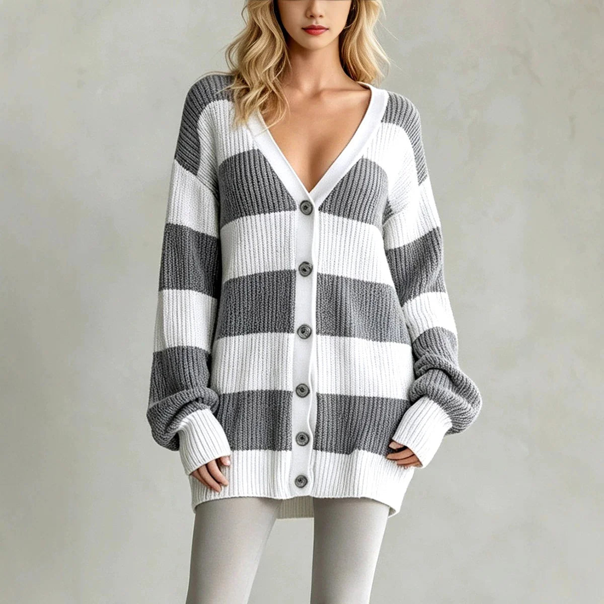 Women's Oversized V-Neck Striped Knit Cardigan with Button Front 1