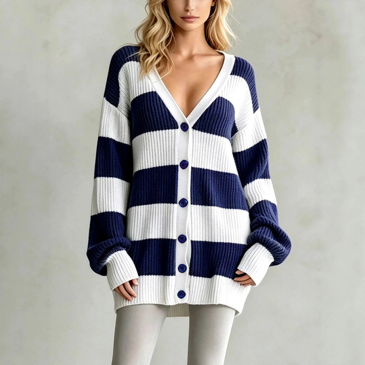 Women's Oversized V-Neck Striped Knit Cardigan with Button Front 3