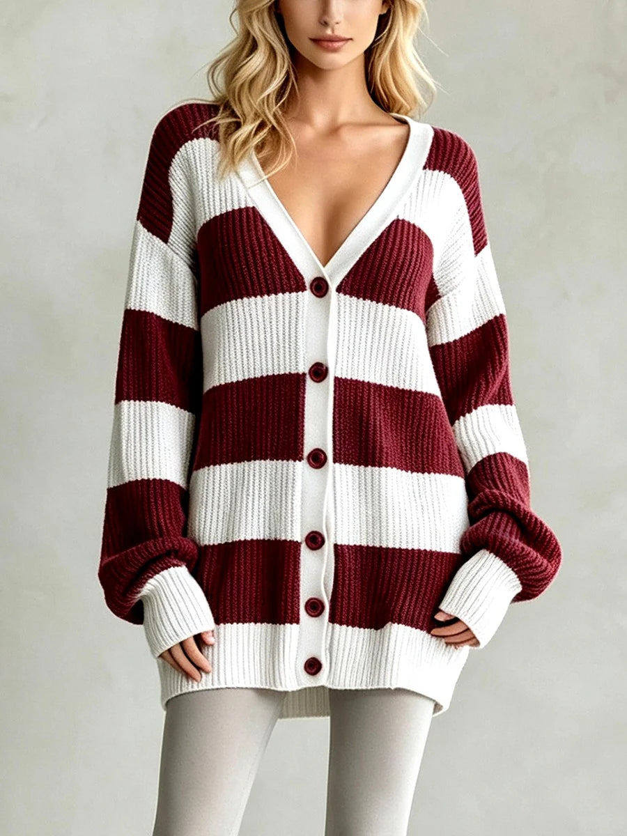 Women's Oversized V-Neck Striped Knit Cardigan with Button Front 4