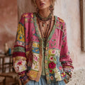 Women's Patchwork Floral Embroidered Cardigan with V-Neck 0