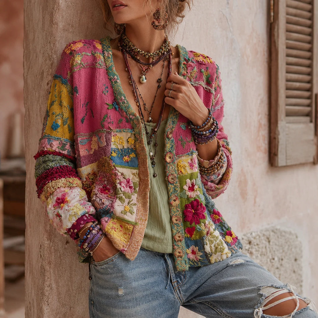 Women's Patchwork Floral Embroidered Cardigan with V-Neck 1