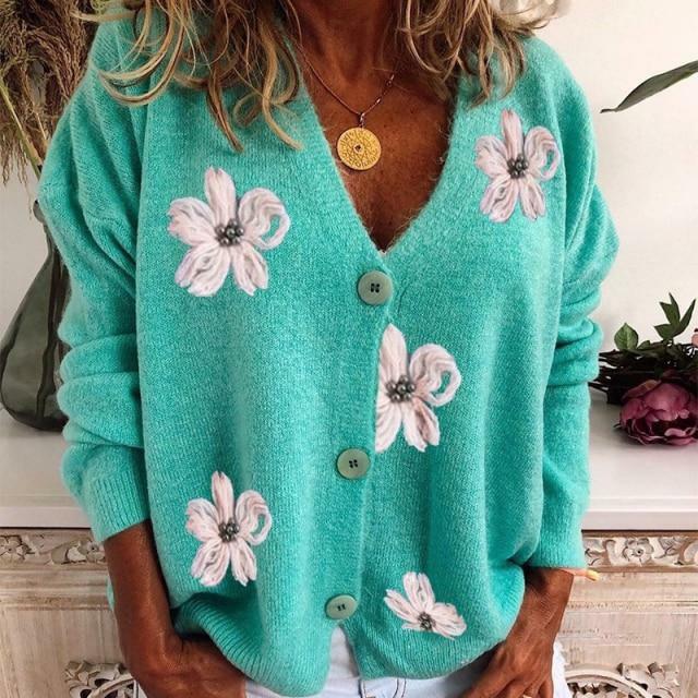 Women's Relaxed Fit Floral Embroidered Button-Front Cardigan 0