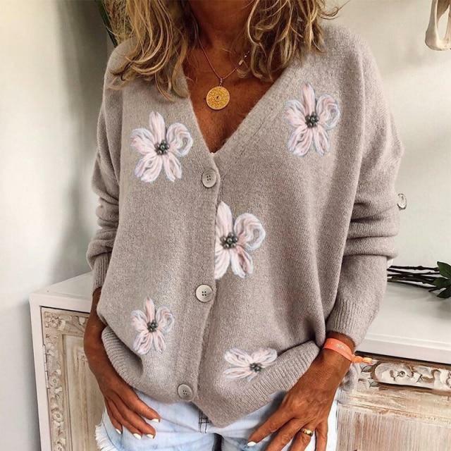 Women's Relaxed Fit Floral Embroidered Button-Front Cardigan 2