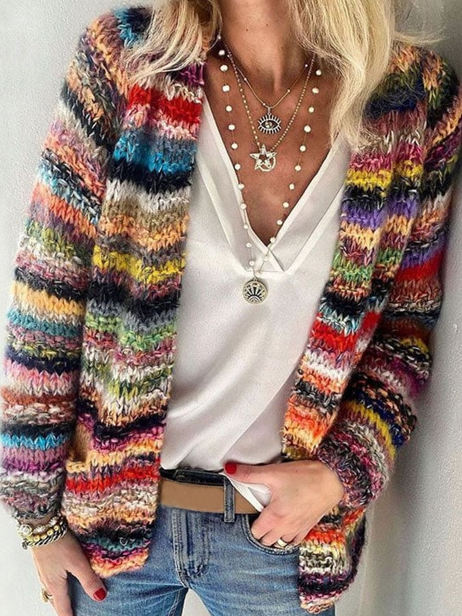Women's Relaxed Fit Multicolor Striped Knit Cardigan 1