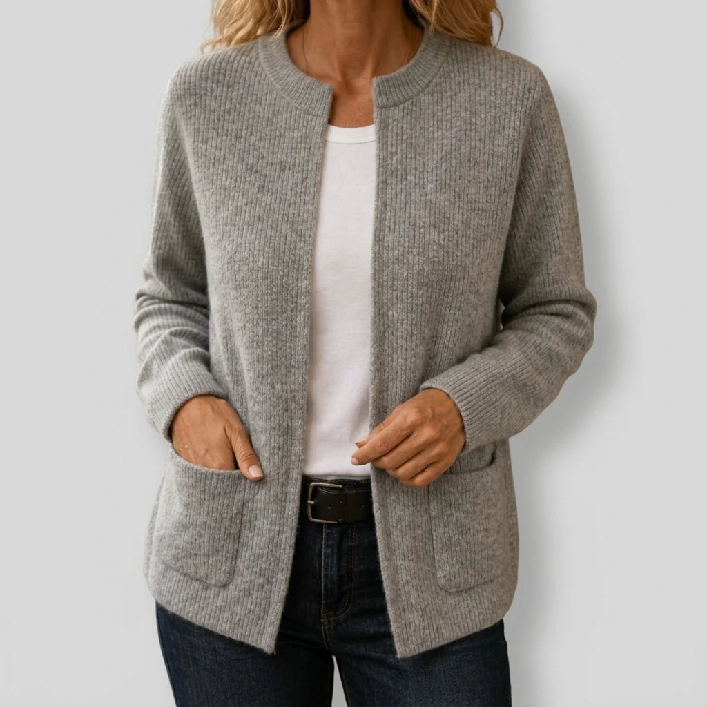 Women's Ribbed Black Cardigan with Split Neckline and Patch Pockets 0